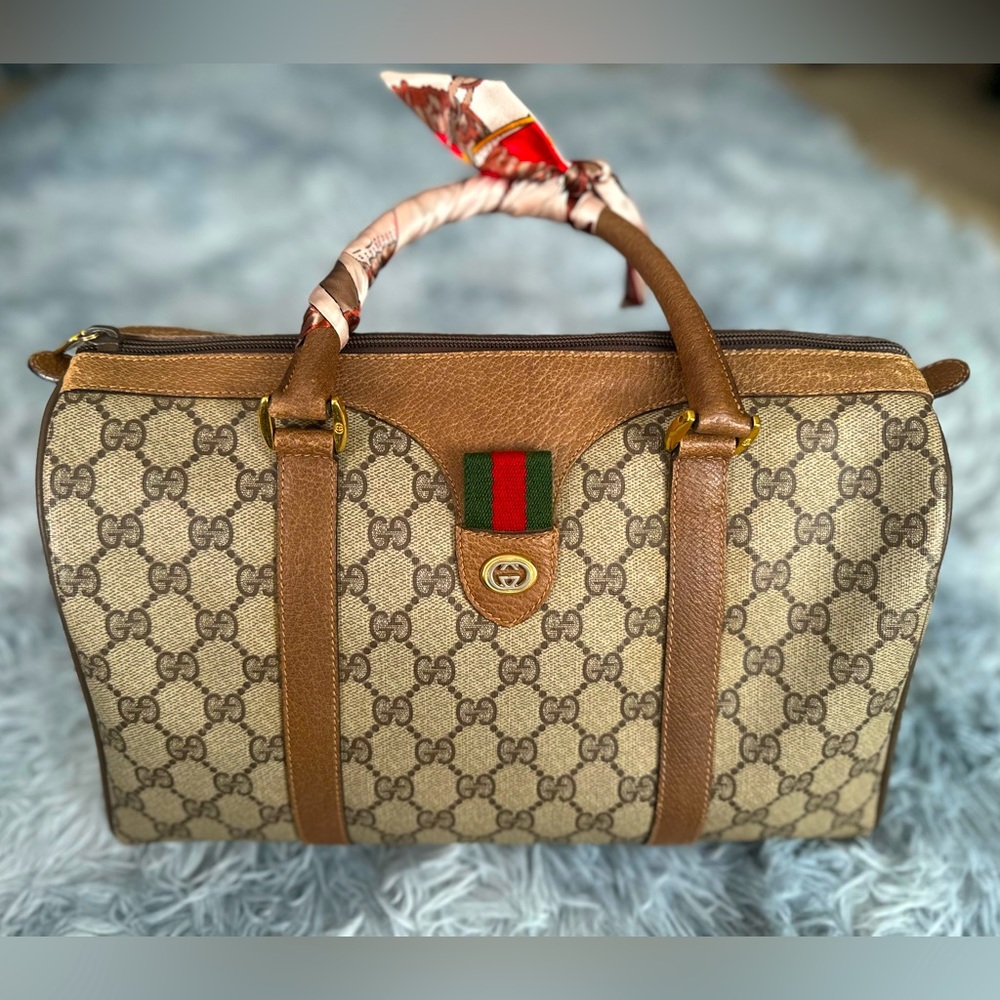 Used - GUCCI Vintage Sherry Line GG Web PVC Canvas Leather Browns Hand Bag